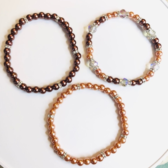 Stretchy Bracelets Set Of 3 Brown Bronzed Tan Bling Rhinestones Y2K Adjustable - Picture 5 of 6